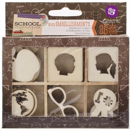 Prima Marketing - School Memories Laser Cut Wood Icons In A Box 36 Pieces 6 Styles Of Embellishments